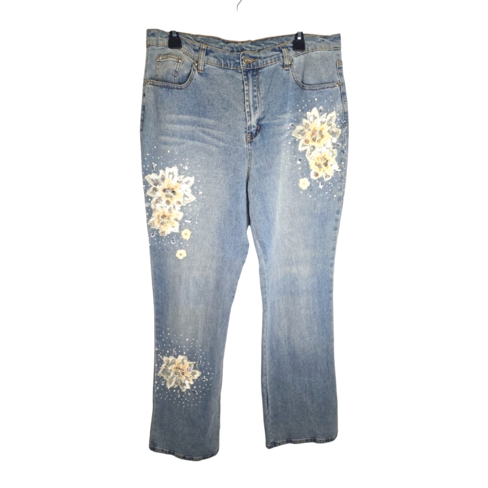 Vintage Diane Gilman Boho Floral Beaded Boot Cut Ramie Cotton Jeans Size 16